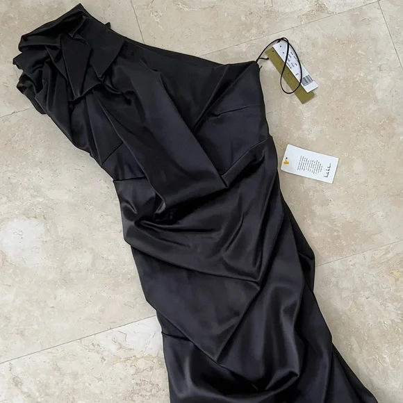 Nicole Miller One Shoulder Elegant Black Sheath Midi Cocktail Evening Dress NWT - Picture 7 of 13